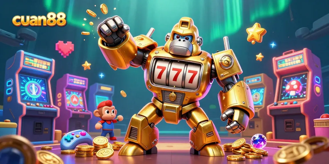 Gorila emas bertransformasi cuan88 bermain slot dengan jackpot di latar belakang yang berkilauan.