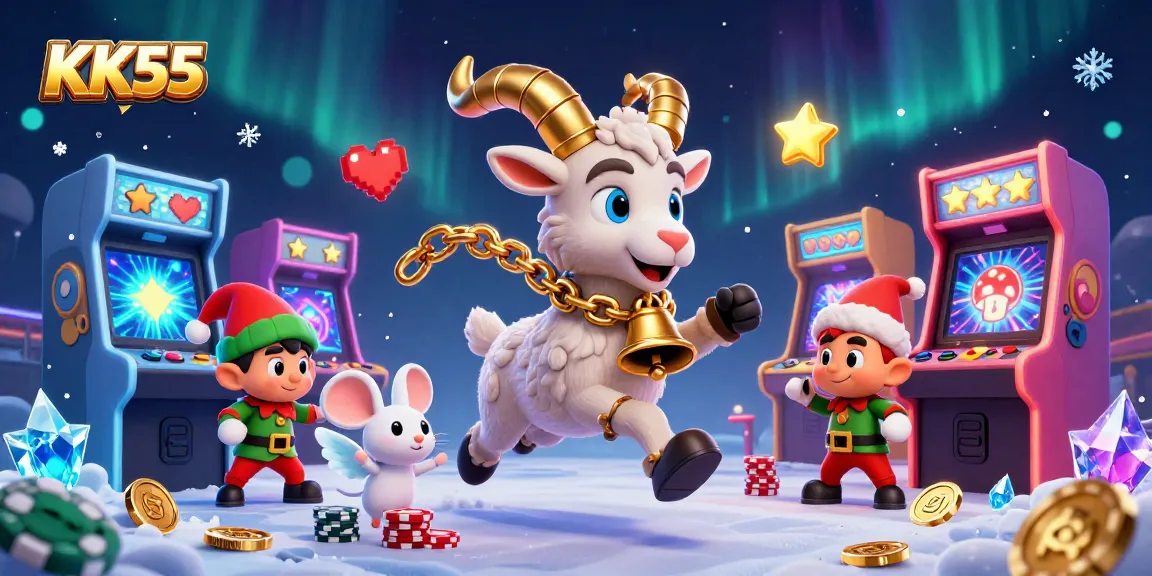 Engage with KK55's vibrant casino scene featuring a 3D Krampus goat controlling a festive atmosphere.