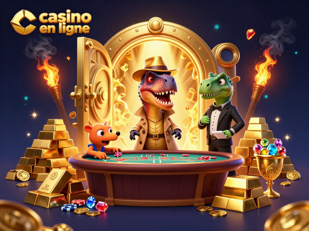 Jouer au casino en ligne avec un velociraptor à la table de blackjack, ambiance festive et riches récompenses.