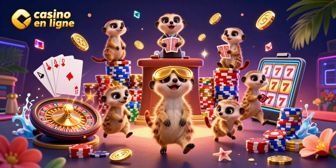 Casino en ligne : des suricates gèrent une opération de jeu dynamique, entourés de jetons et de gains.