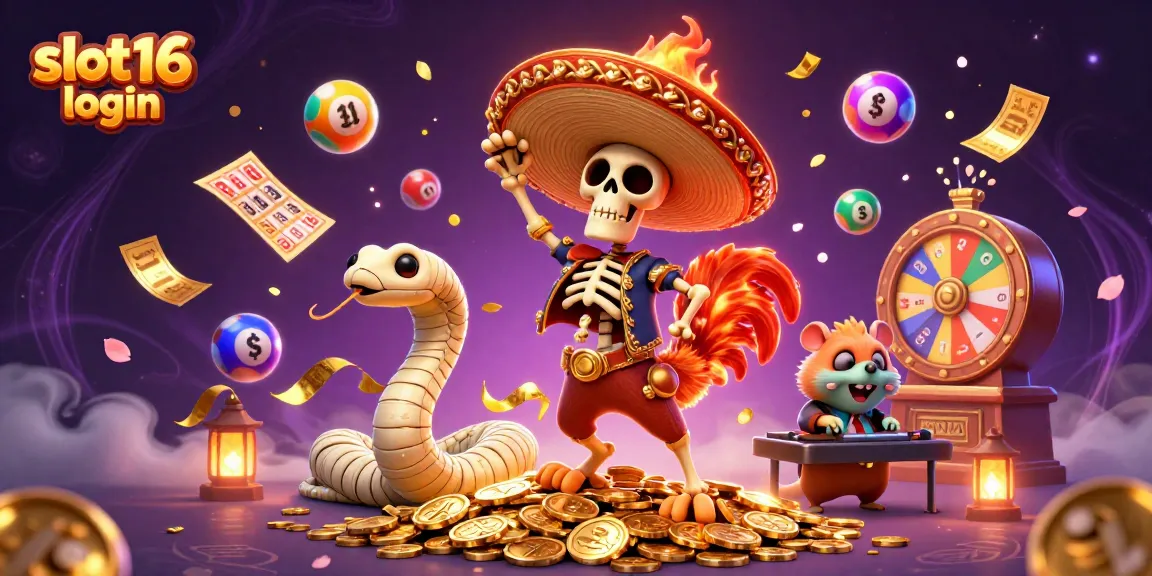 Join in the excitement with slot16 login, featuring a lively 3D casino illustration full of vibrant elements.