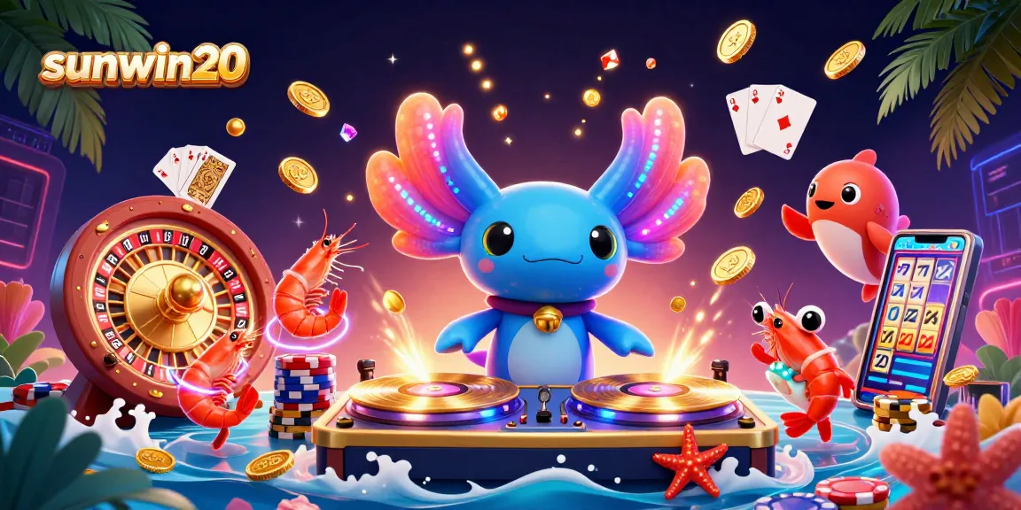Experience the vibrant excitement of sunwin20 with a neon axolotl DJ and lively casino elements.