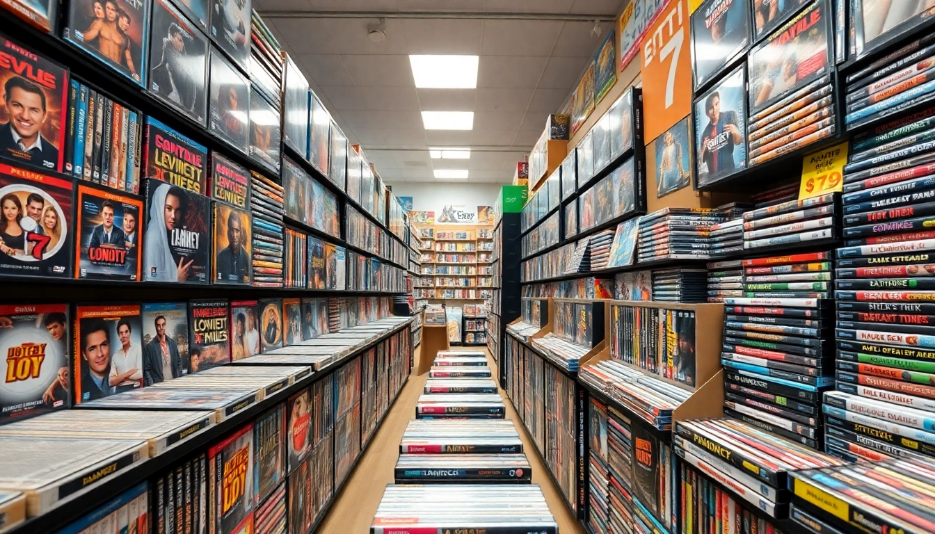 Browse a colorful collection of wholesale DVDs arranged in an inviting store setup.