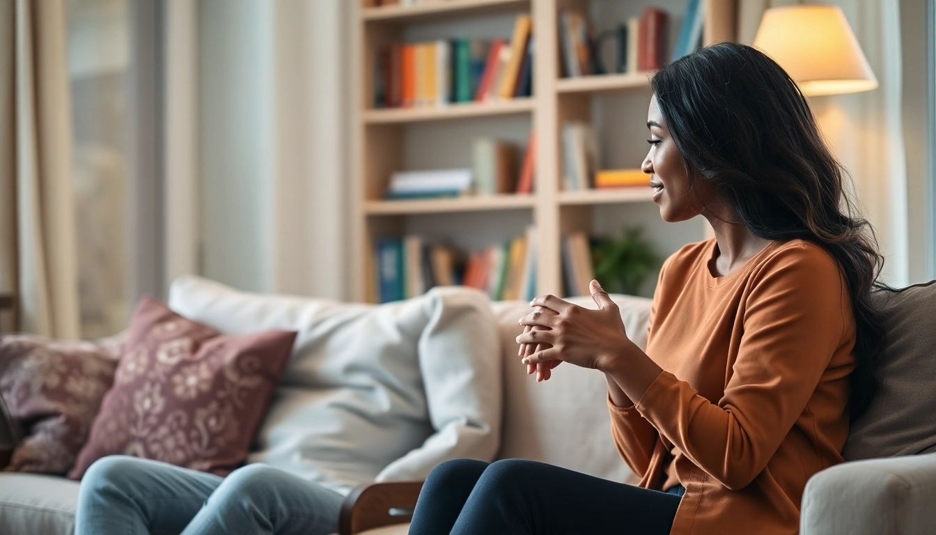 Couple exploring marital resources during a heartfelt discussion in a cozy living room.