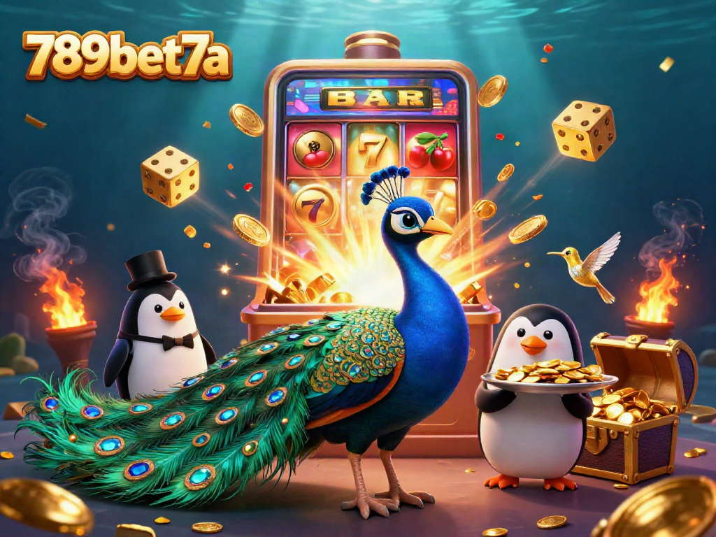 Engage with 789bet7a's thrilling casino experience featuring a peacock, a penguin with chips, and an explosive slot machine.