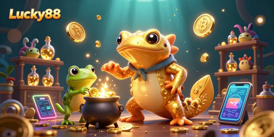 Lucky88 offers an exciting casino experience with gold coins and crypto elements in a captivating scene.