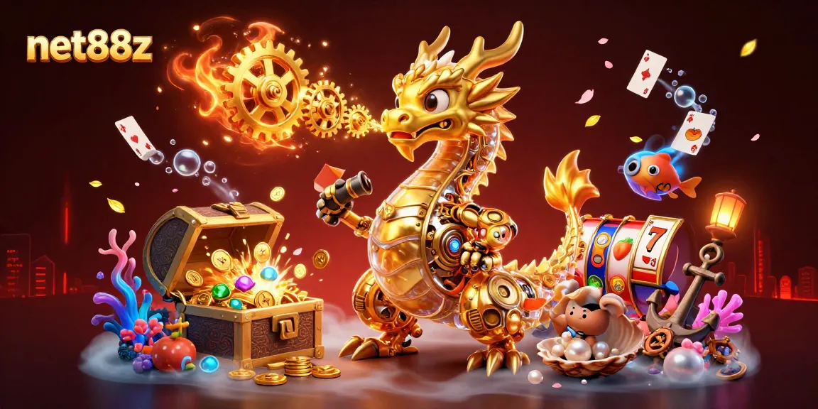 Experience excitement with net88z in a vibrant, ultra-detailed 3D casino illustration featuring golden themes.