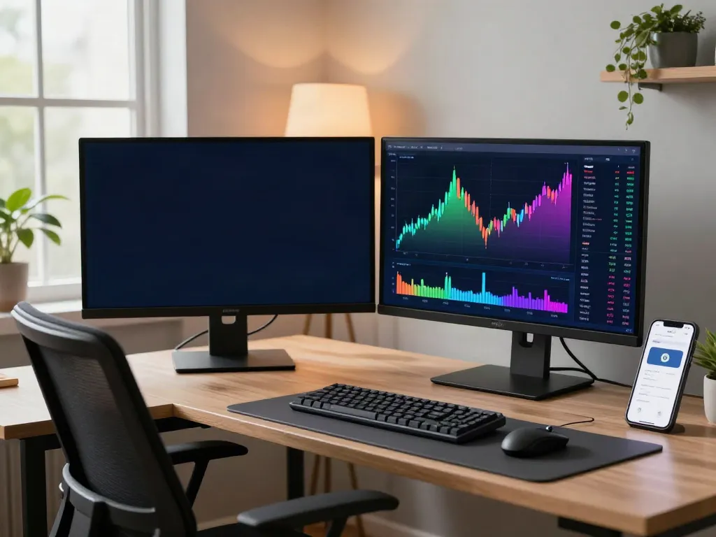 实时金融数据接口 displayed on dual monitors with cryptocurrency charts, DeFi dashboard, and digital portfolio tracking in a modern workspace.