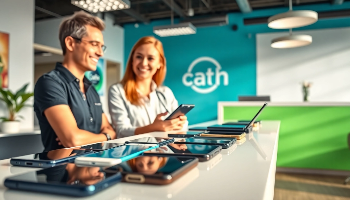 Cash for phones Alexander AR service with customer interaction in a modern office.