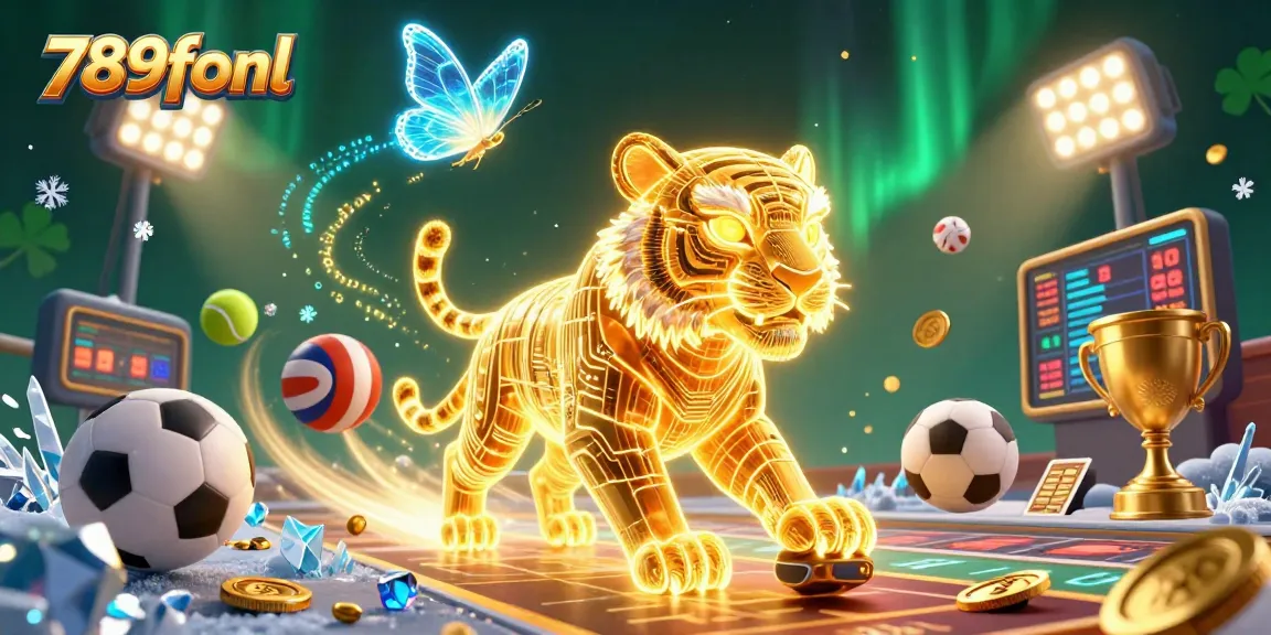 Experience the vibrant energy of 789fonl with dynamic sports betting elements and a golden tiger in a digital casino.