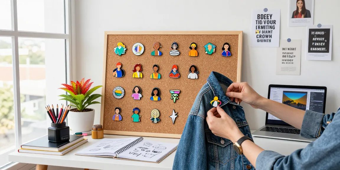 Custom acrylic pins displayed on a corkboard in a creative workspace setting, highlighting vibrant colours and artistic expression.