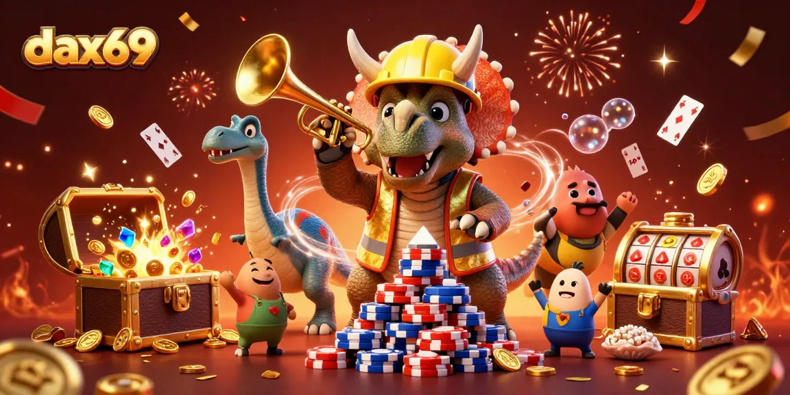 Menangkan permainan dax69 dengan triceratops membangun tumpukan chip poker dalam perayaan yang meriah.