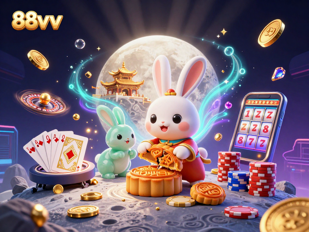 Engage with 88vv's vibrant casino scene featuring moon rabbit characters and rich gambling elements.