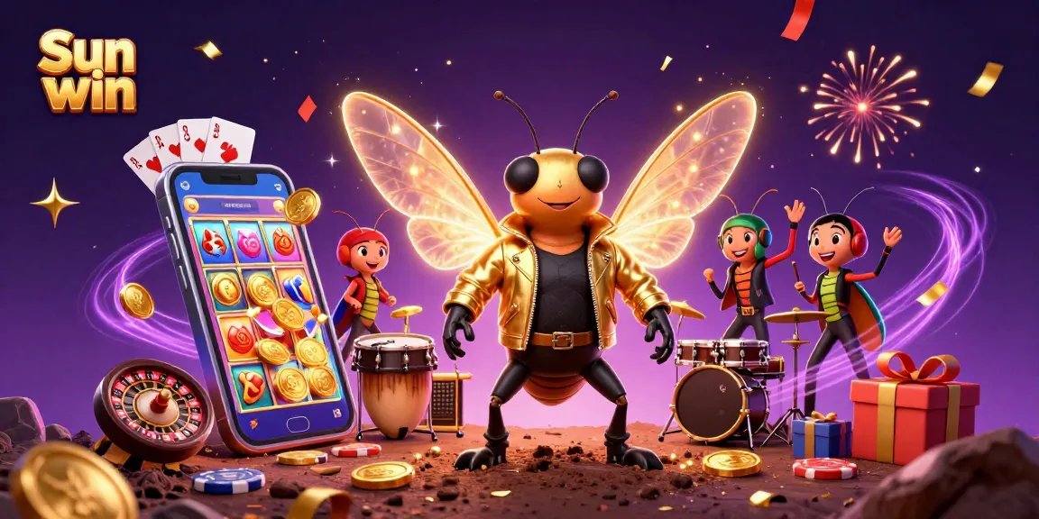 Experience Sun win with the vibrant energy of a 3D rock star cicada, surrounded by casino excitement.