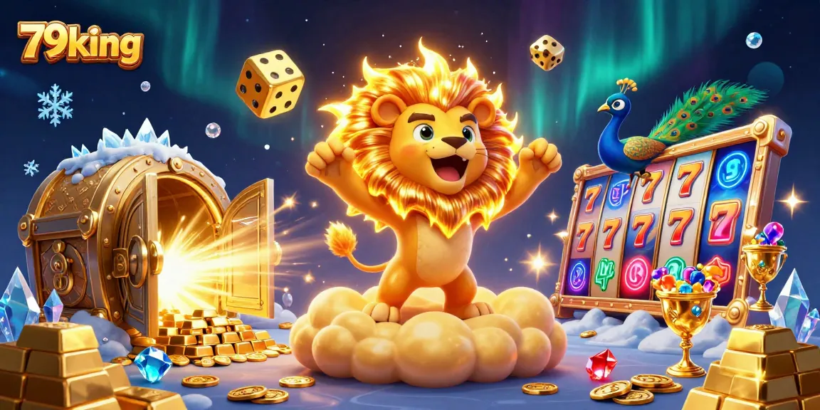 A colorful, energetic scene showcasing 79king with the sun lion amid slot reels and golden treasures.