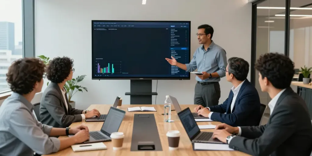 Michael Rustom collaborating with a professional team in a modern office, analyzing data for business growth.