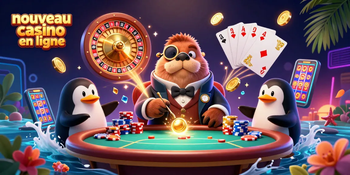 Venez jouer au nouveau casino en ligne où le maître du poker, un morse, défie un dealer pingouin, entouré de jetons colorés.