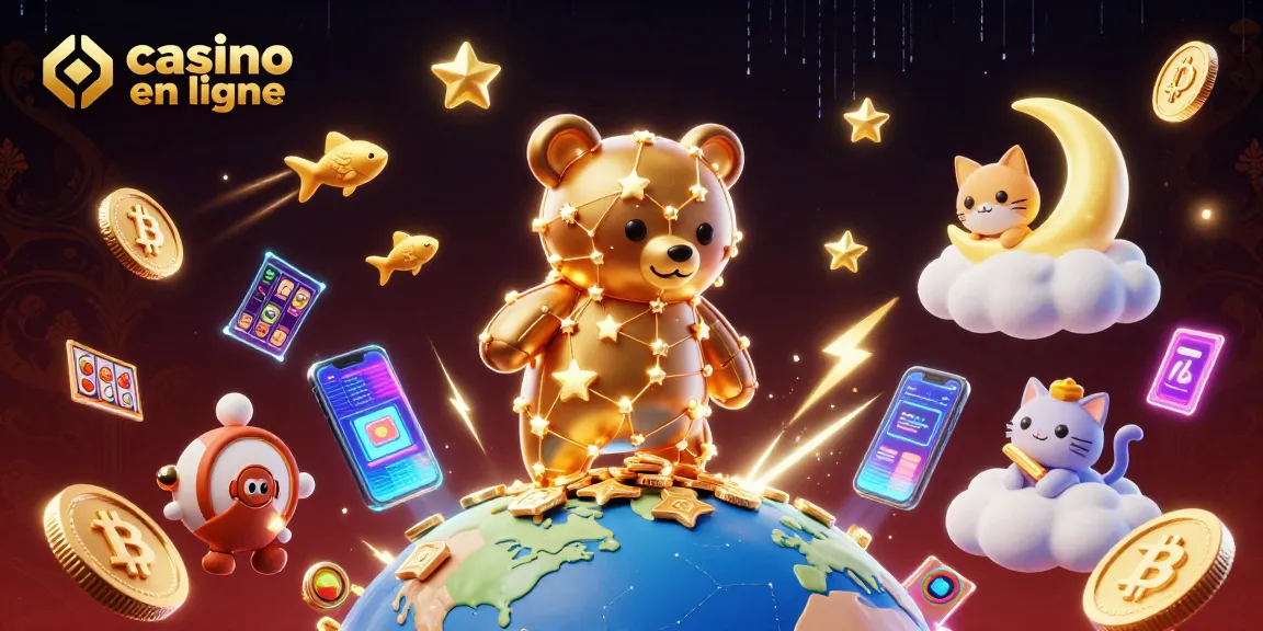 Jouez au casino en ligne avec un ours constellation en 3D et des poissons étoiles, entouré de pièces et de rouleaux.