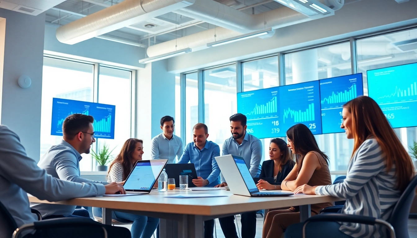 Leading digital marketing agency team collaborating in a bright modern office with digital screens.
