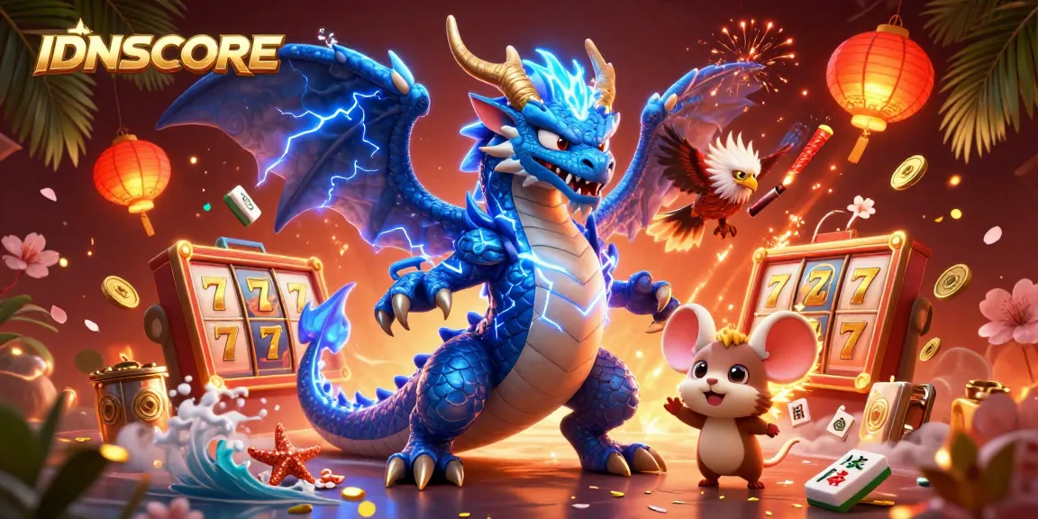 Experience thrilling gameplay with IDNSCORE, featuring a powerful thunder dragon and vibrant casino elements.