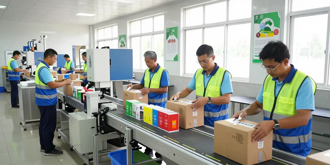 Proses pengepakan delapantoto yang efisien di industri, pekerja mengemas produk ramah lingkungan.