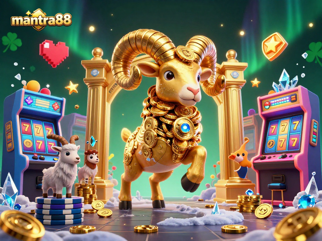 Experience the excitement with mantra88 as the golden ram charges through a vibrant casino scene full of games.