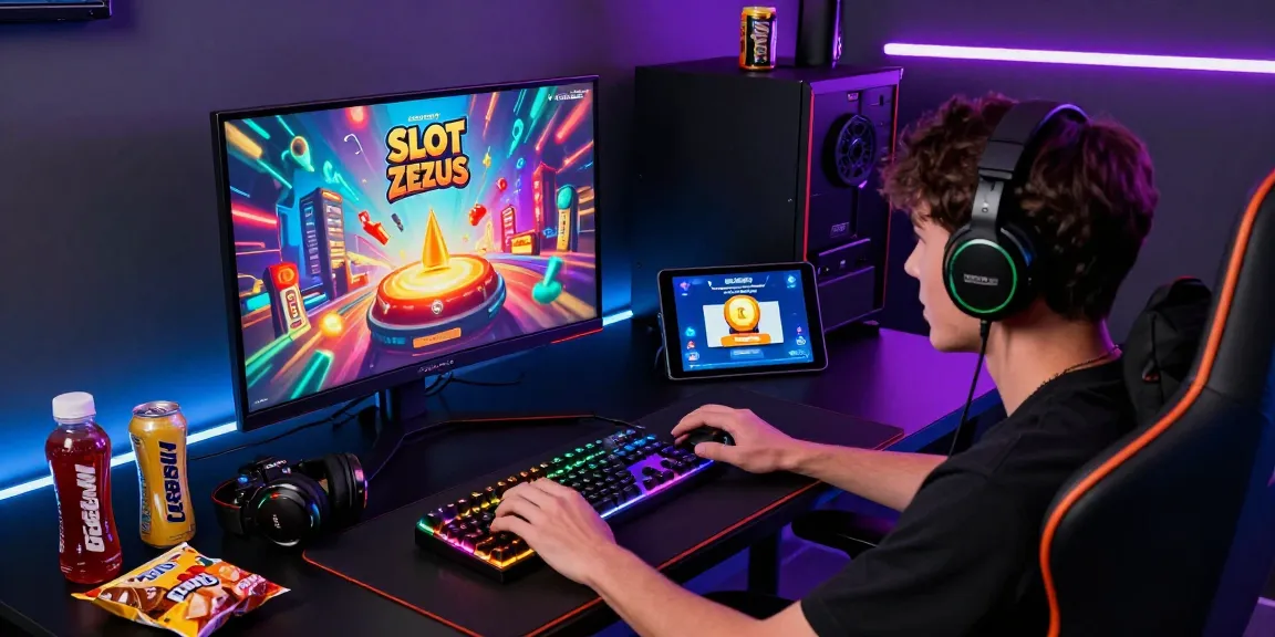 Exciting Slot Zeus gaming experience with player at modern desk, glowing peripherals, and immersive graphics.