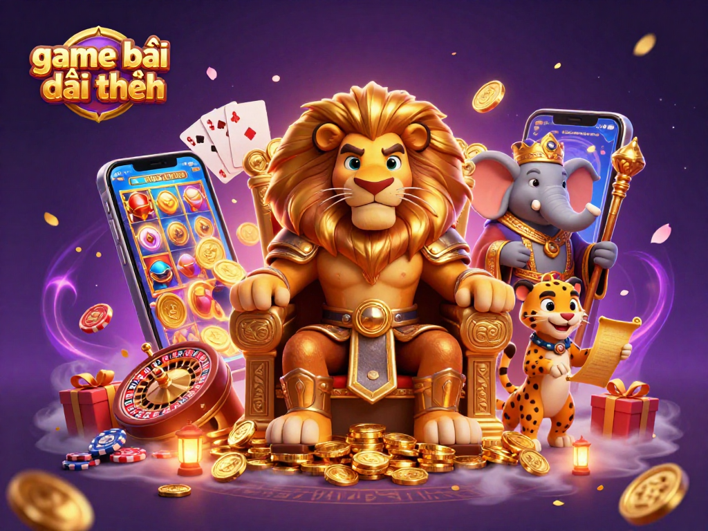 Engage in game bài đổi thưởng with a royal lion king, elephant advisor, and cheetah messenger in a vibrant casino setting.