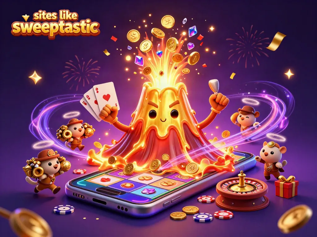 Win prizes with top sites like sweeptastic showcasing gold coins and vibrant slot games.