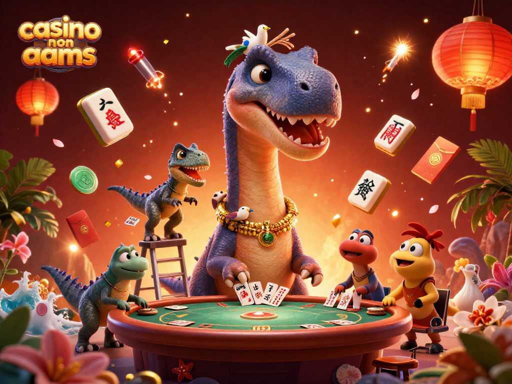 Gioca nei casinò non AAMS con un brontosauro e un raptor che distribuiscono carte in un ambiente festoso e dinamico.