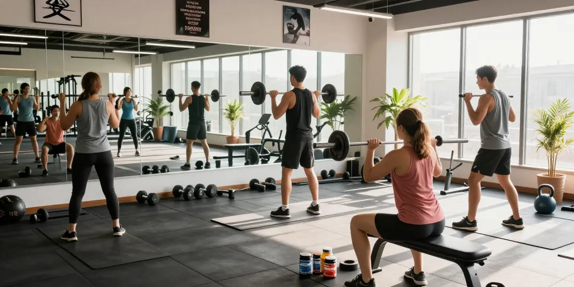 Women and men working out in a vibrant gym, showcasing Medi Pharma Steroids supplements on benches, emphasizing a health and fitness lifestyle.