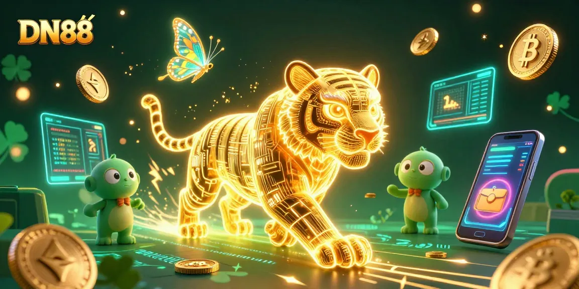Enjoy thrilling gaming experiences at DN88 with dynamic visuals of a casino filled with energy and crypto elements.