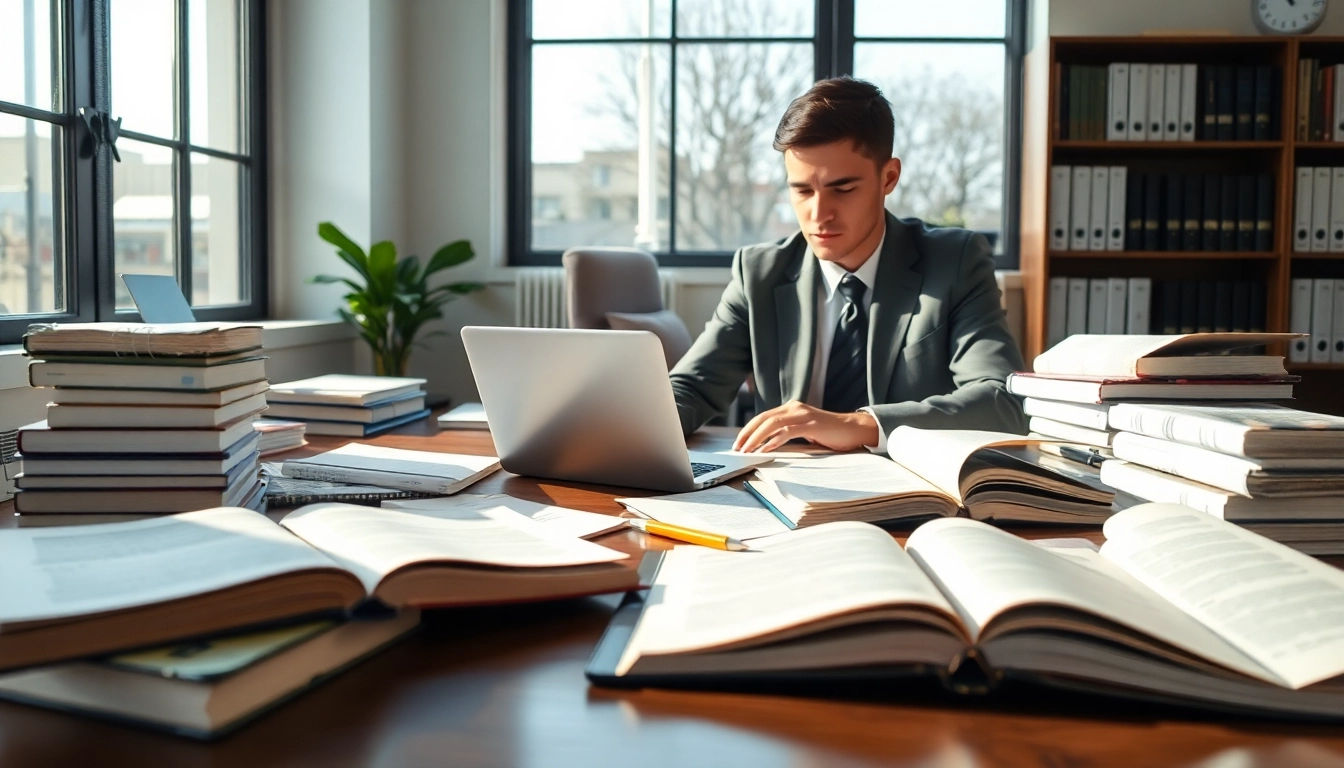 Öffentliches Recht lernen mit einem ehrgeizigen Jurastudenten an einem Schreibtisch, umgeben von Büchern und Dokumenten.
