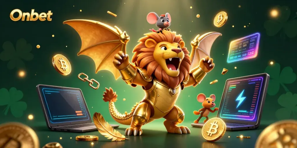 Onbet features a golden chimera and mouse jockey celebrating amidst vibrant crypto elements and casino magic.