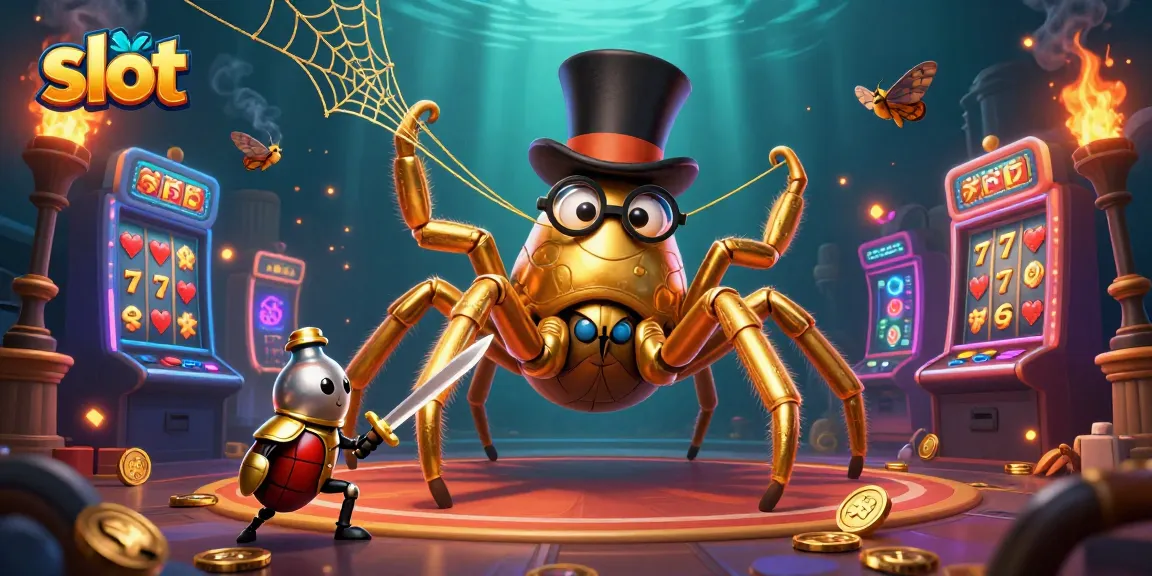 Engage in exciting slot games with a golden tarantula and knight in a vibrant casino setting.