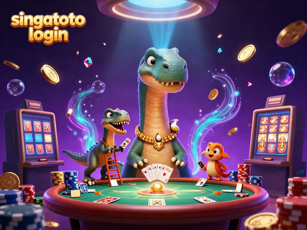 Experience thrilling fun with the singatoto login in a vibrant casino scene of 3D dinosaurs and more.