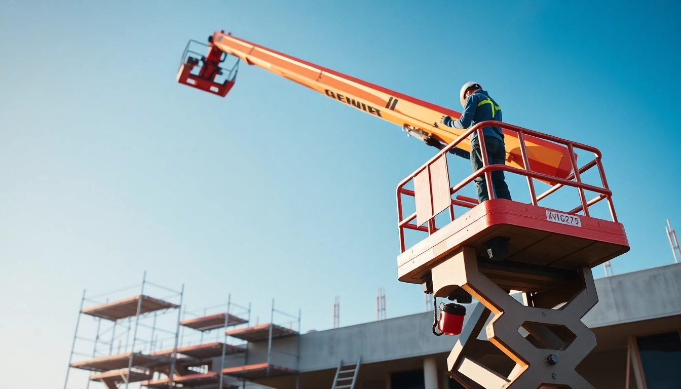 Operator using genie lift and genie boom in a construction site, emphasizing versatility and height.