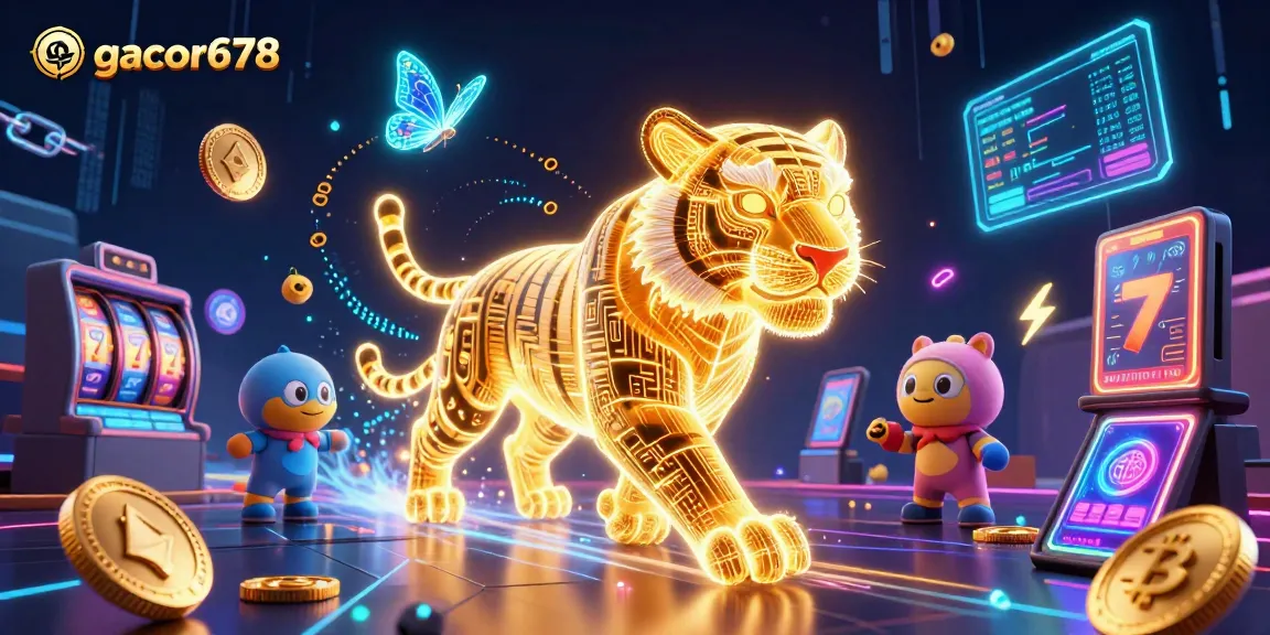 Engage with the vibrant digital casino world of gacor678, featuring neon elements and crypto symbols.