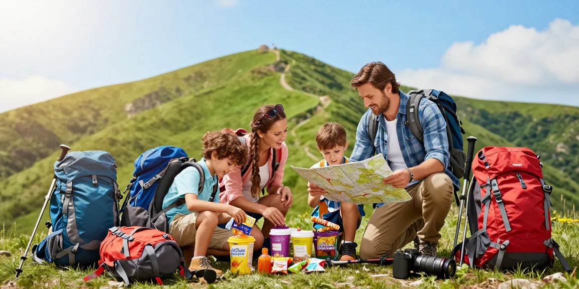 Family adventure preparing for hiking trip with mantra88 gear in scenic mountains.