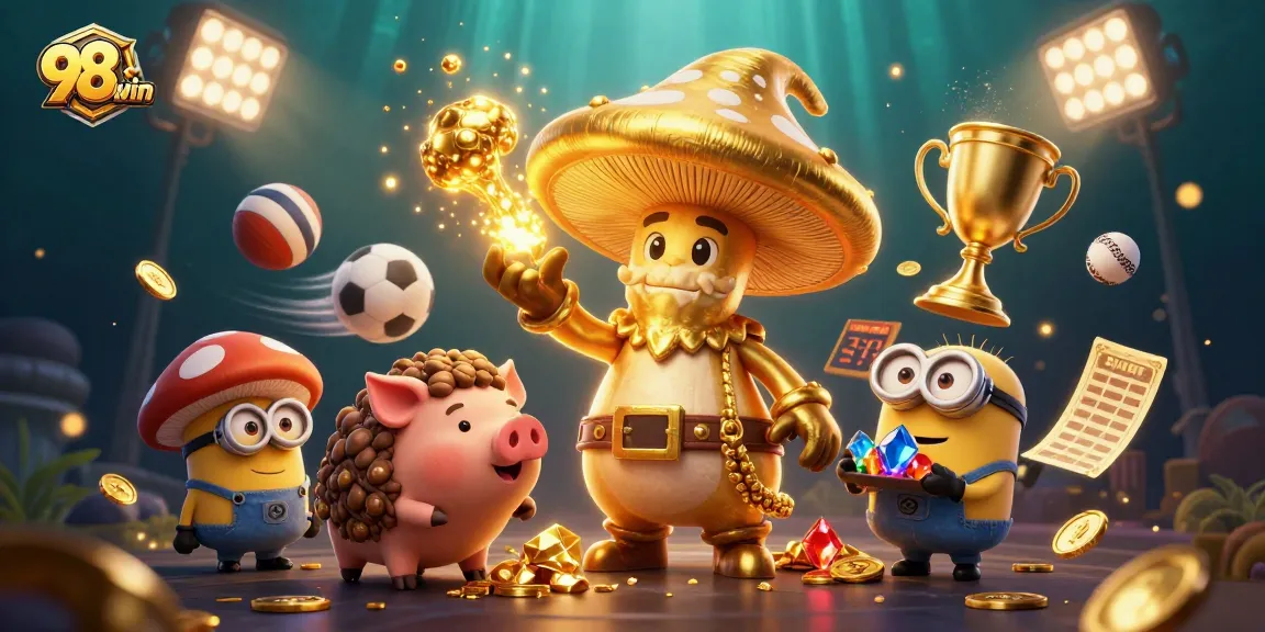Experience the magic of 98win with golden treasures and dynamic sports elements in a lively scene!
