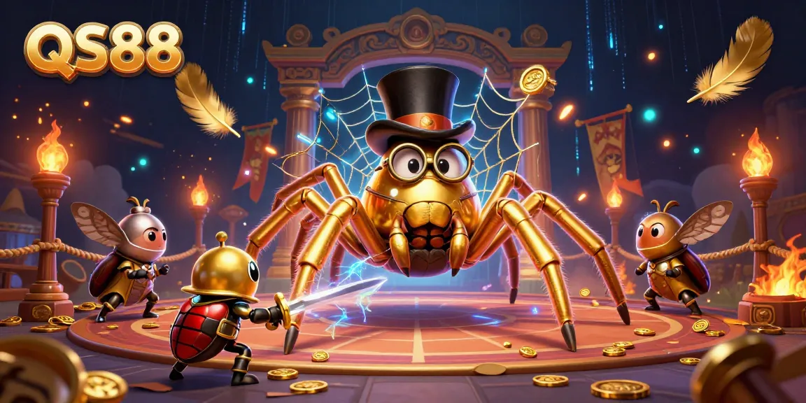 Experience excitement at QS88 with a giant golden tarantula weaving a web among casino pillars.