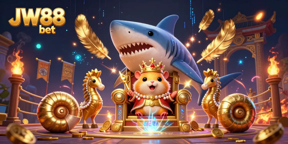 Experience the thrill of JW88 bet in a dynamic 3D casino scene with a fierce hamster king and vibrant game elements.