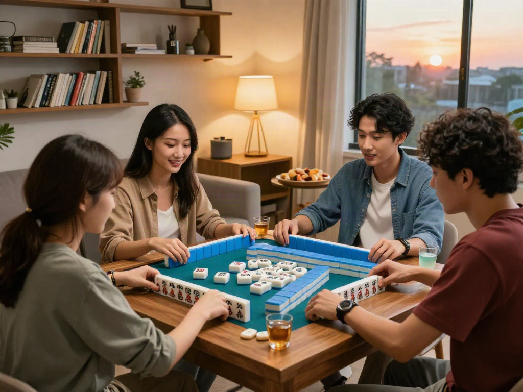 Friends playing MahjongJP88 in a cozy living room, showcasing game tiles and snacks, creating a friendly atmosphere.