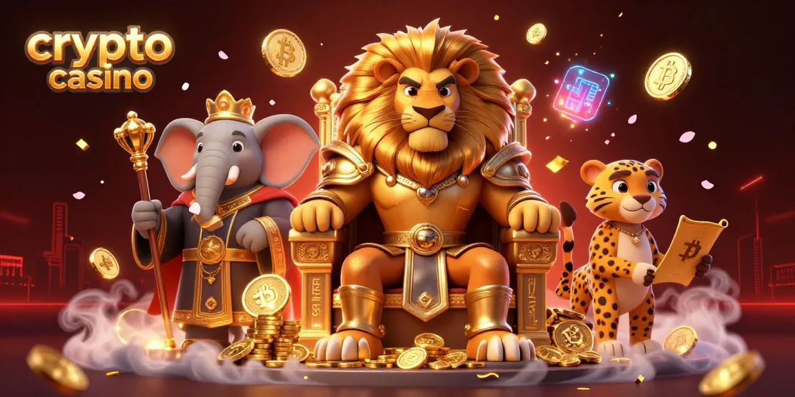 Giocare nei crypto casino, un re leone affiancato da un elefante e un ghepardo tra monete d'oro e simboli della blockchain.
