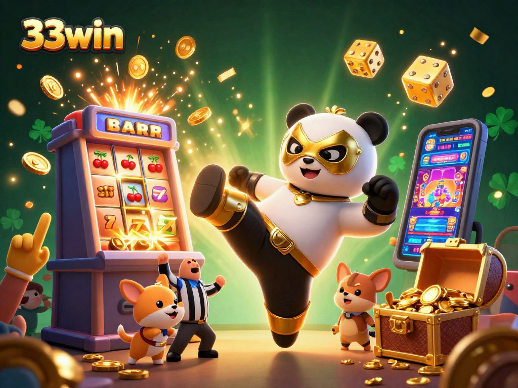 Experience the excitement of winning at 33win with a dynamic casino-themed illustration showcasing a panda wrestler, jackpot slots, and animated fun.