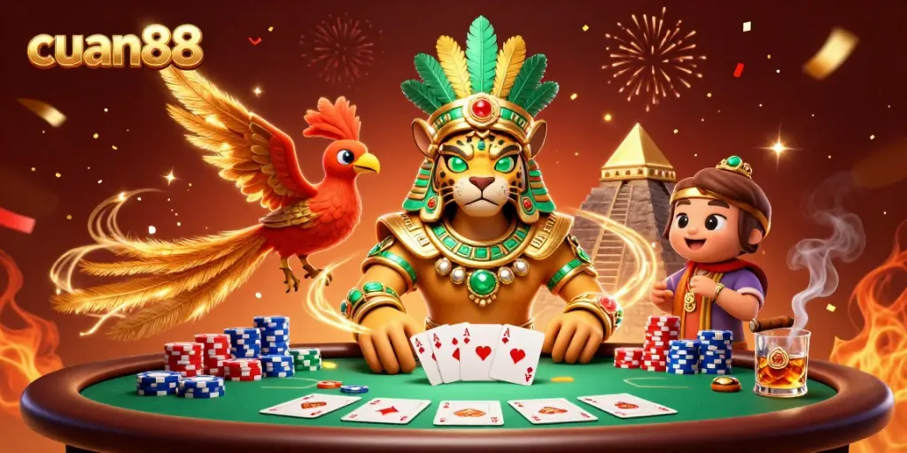 Cuan88 captures thrilling poker moments with a Mayan jaguar priest and vibrant game elements.