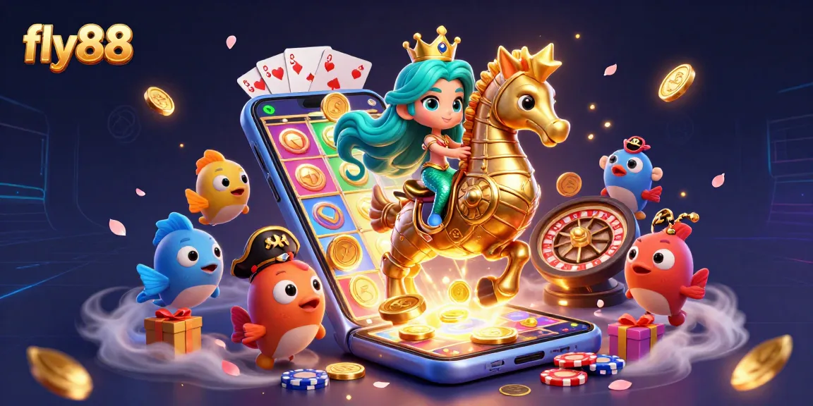 Experience the thrill of fly88 with a mermaid princess and her seahorse, amid vibrant casino games.