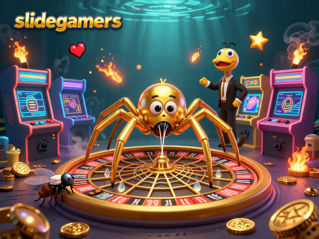 Engage with slidegamers as a fly nervously bets on a roulette web spun by a golden spider.