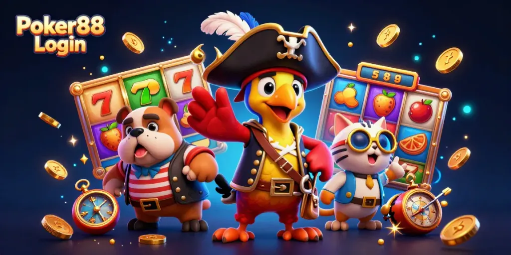 Poker88 Login, engage with vibrant 3D casino elements showcasing a pirate, bulldog, and cat in an action-packed game scene.