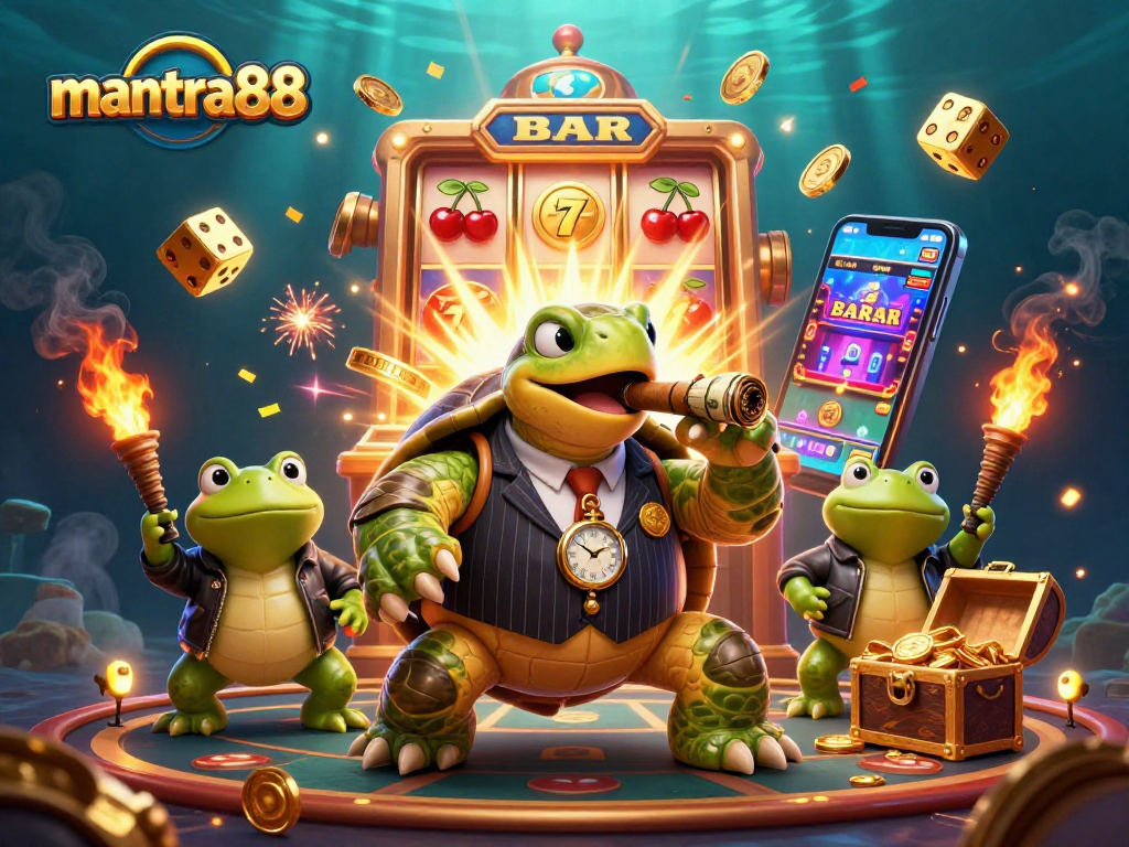 Experience thrilling gameplay with mantra88 as a turtle mobster and bullfrog enforcers celebrate big wins!